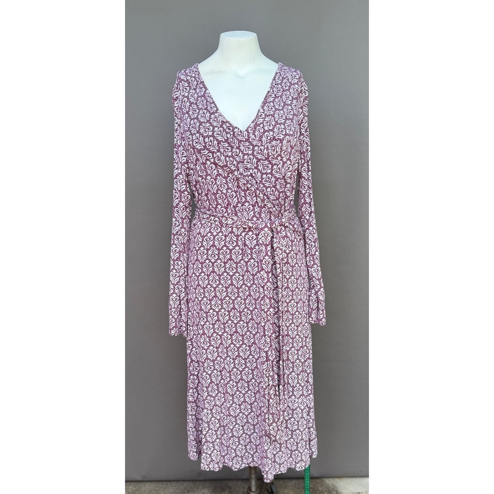 Soft Surroundings Dress L Purple White Scroll Faux Wrap Midi Long Sleeve Boho